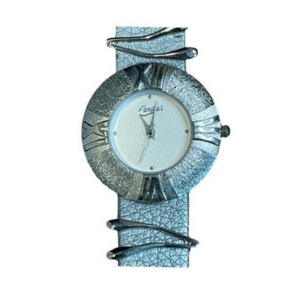 Vintage 80s Candies Watch Silver Tone Metal Silver Leather‎ Band Metal Accents